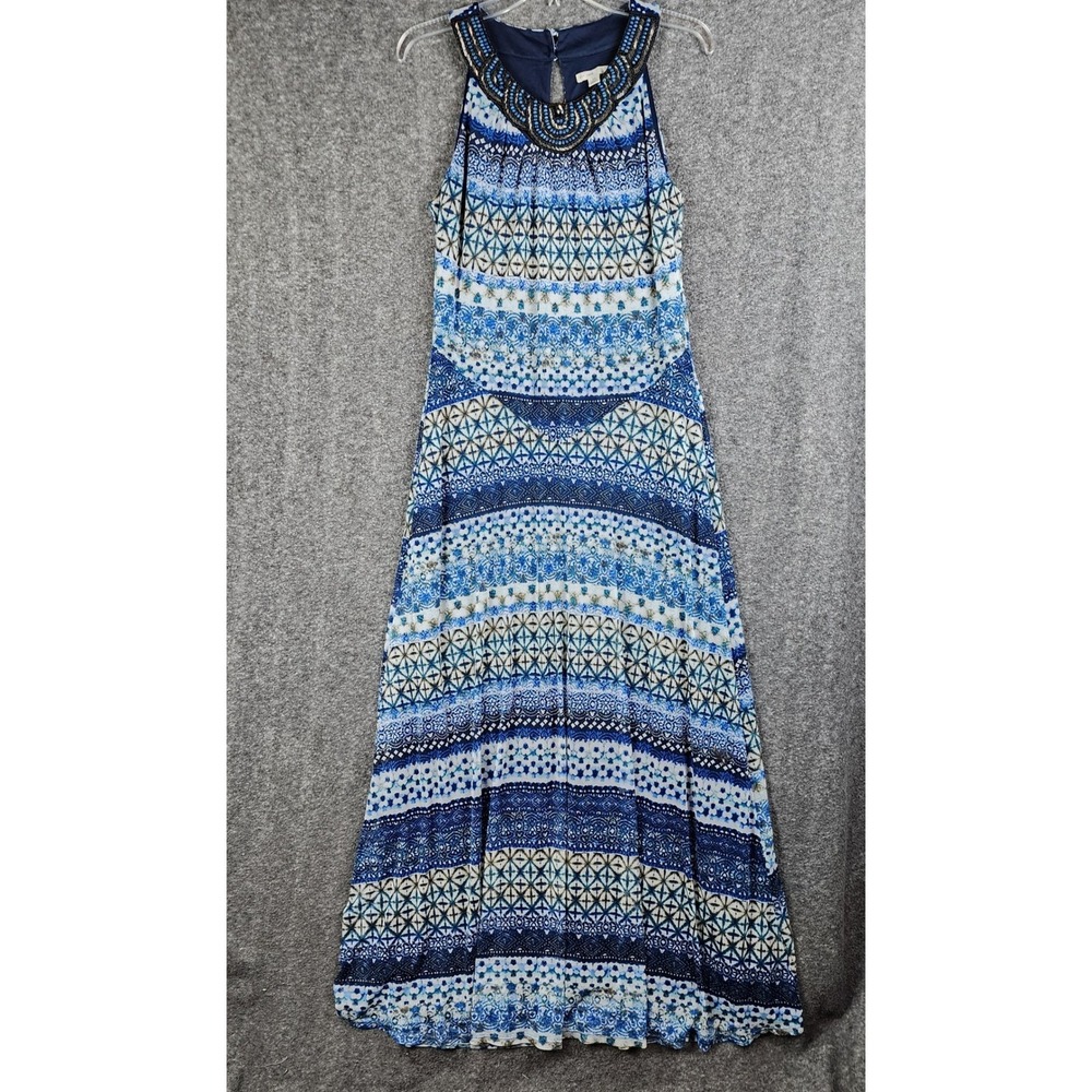 Cato Maxi Dress Women Medium Blue White Beaded Halter Geometric‎ Tile Print Boho - Picture 2 of 11